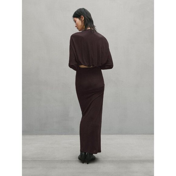 Massimo Dutti Womens Midi Skirt Small S brown Draped Zip Slit Back 9300/953 NWT - Picture 2 of 10